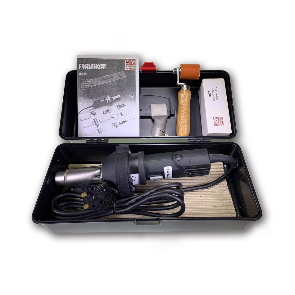 FORSTHOFF Quick-L Hot Air Plastic Welding Gun KIT with heat gun, flat nozzle, pressure roller, and storage case for trailer curtain and tarpaulin repairs.