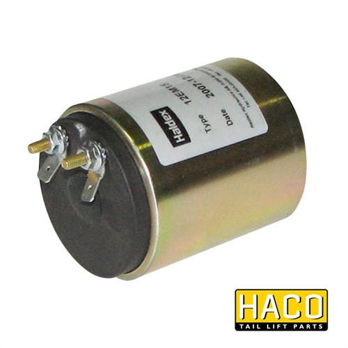 24 Volt Coil EM15 HACO, metal cylinder with white label, designed for Zepro 20671 & Dhollandia E0087, visible close-up of logo and black device with screws.