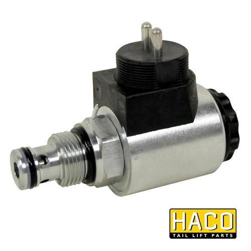 Solenoid valve SA 12V HACO for MBB Palfinger, featuring a metal cylindrical design with lever and connector, ideal for commercial trailers.