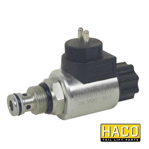 24v Solenoid valve complete HACO to Suit MBB Palfinger 1122041, featuring a metal and black cylindrical connector with M20 thread, designed for commercial trailers.