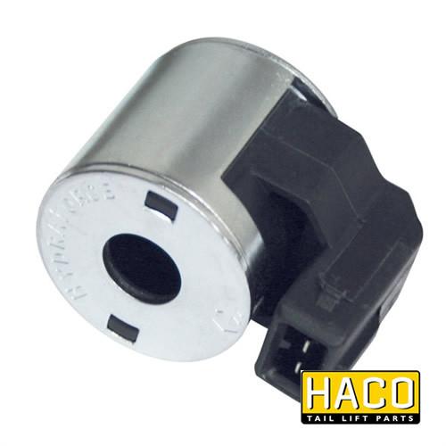 24 Volt Coil HACO to Suit Zepro 32473, featuring a close-up of a metal cylinder and motor component, designed for commercial trailer tail lift systems.