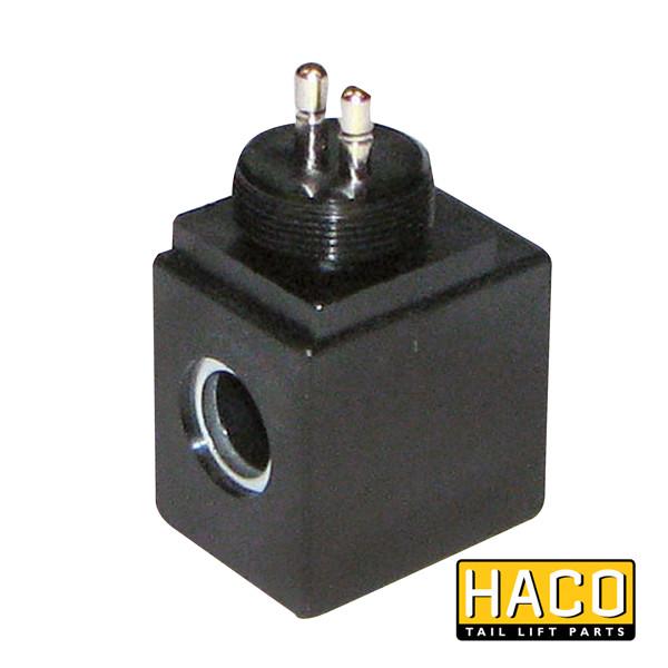 Coil 24V Kostal M24x1 HACO, compatible with Dhollandia E0240, featuring a black square design with a metal cap and round hole.