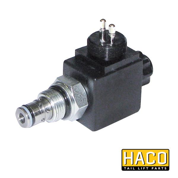 Solenoid valve Single Acting 24V HACO, suitable for Dhollandia V036, featuring a black and silver design, shown close-up with visible electrical components.