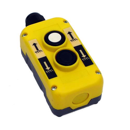 Ratcliff Mafelec Style Control Box - 2 Button, featuring a compact design with dual buttons, ideal for controlling Ratcliff Palfinger Tail Lifts.