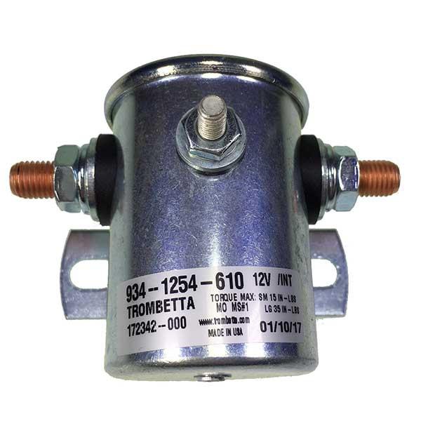 12v Single Pole Solenoid, close-up of metal cylinder, designed for Ricon lifts.