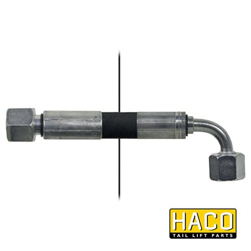 Close-up of a 900mm Length Hose HACO for Bar Cargo, featuring a double steel jacket and 90° nut fitting.