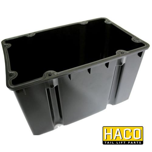 Oil tank Haco for 2014268, suitable for MBB, Bar Cargo, and Dautel tail lifts, displayed in a black plastic container format.