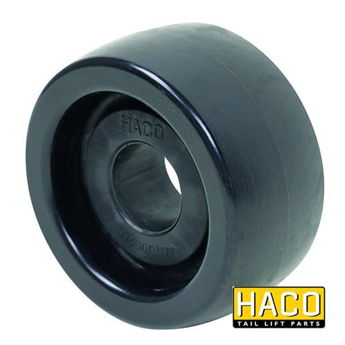 Roller HACO for Bar Cargolift Tail Lift, interchangeable with parts 101125068 & 01.125068, visible as a black wheel with central hole, made of POM (Delrin).