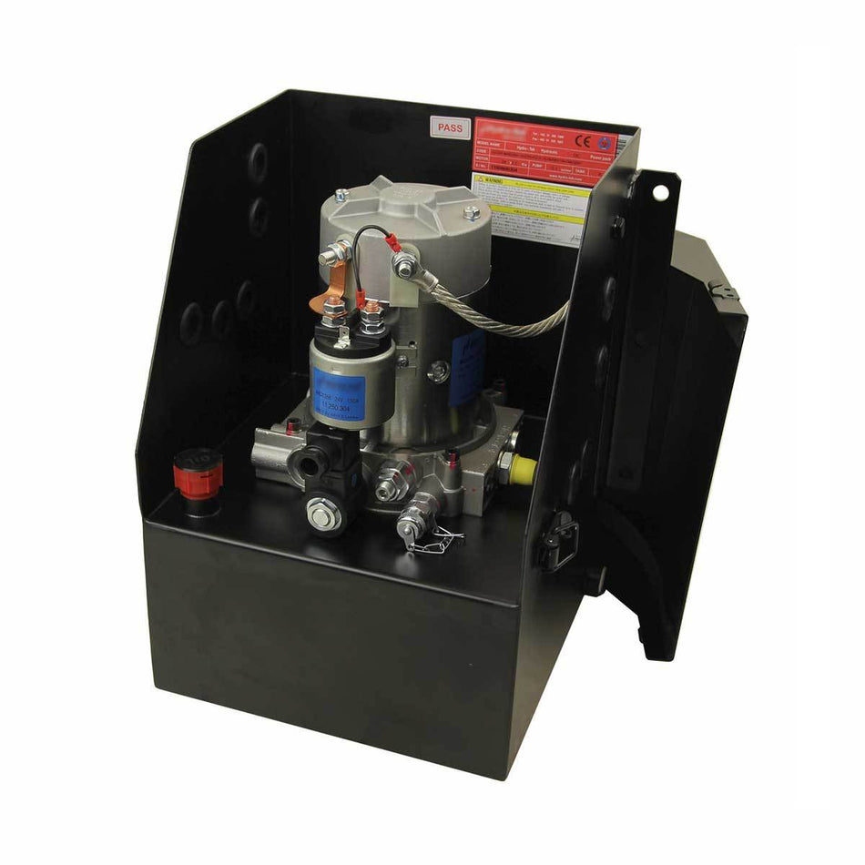 HACO Universal 12v Powerpack featuring a vertical box tank, 12Vdc motor, and gear pump, suitable for replacing various electro hydraulic power packs.