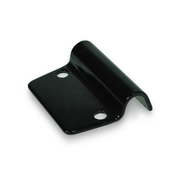 Henderson Roller Holder Clamp, a black metal piece with holes, designed for mobile doors in commercial trailers and vehicles.