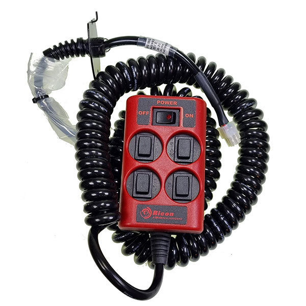 Red Pendant Control Assy featuring a red switch with black wires, designed for efficient use in commercial trailer parts and vehicle systems.