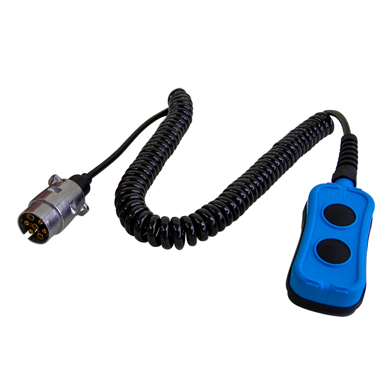 Manual Control 2-button Haco for Zepro 66822 featuring a 7-pin connector, visible cable, and remote, ideal for commercial trailer applications.