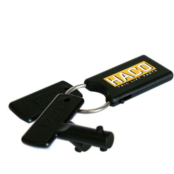 Black key chain with ring, labeled Set keys battery sw. N.T. HACO, compatible with Dhollandia E2047, for tail lift applications.