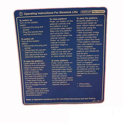 Operating Instructions for Stowlock Lifts, featuring a blue sign with white text, essential for Ratcliff Palfinger Tail Lifts from Nationwide Trailer Parts Ltd.