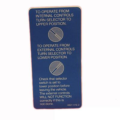 Control Selector Operating Instructions sign for Ratcliff Palfinger Tail Lifts, featuring clear white text on a blue rectangular background.