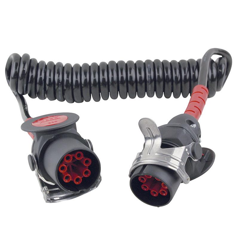 7-poles EBS Electrical Cable with 2 ABS-Plug, featuring a spiral design, flexible hose, and durable red handle, ideal for commercial trailers.