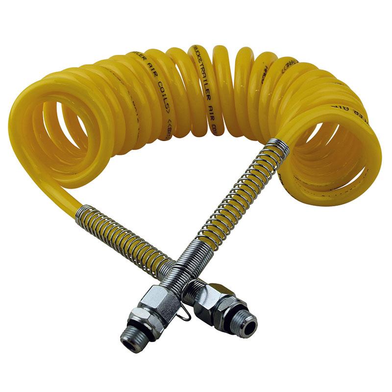 Air Line M16 - Yellow hose with metal fittings, 5m length, 23 windings, featuring durable, flexible PUR polyurethane design for commercial trailer applications.