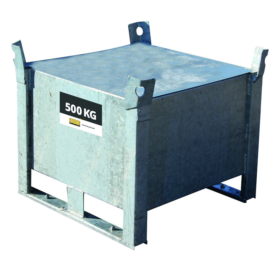 500kgs Test Weight in a metal container with a black label, designed for calibration and commercial trailer load testing.