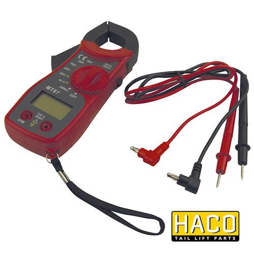 Multimeter MT87 HACO close-up, showcasing its ability to measure current, voltage, and resistance with clamp feature for easy cable testing.