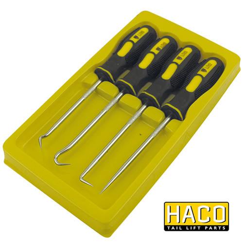 Sealing mounting toolset HACO featuring screwdrivers and hook, ideal for disassembling sealing in commercial vehicles.