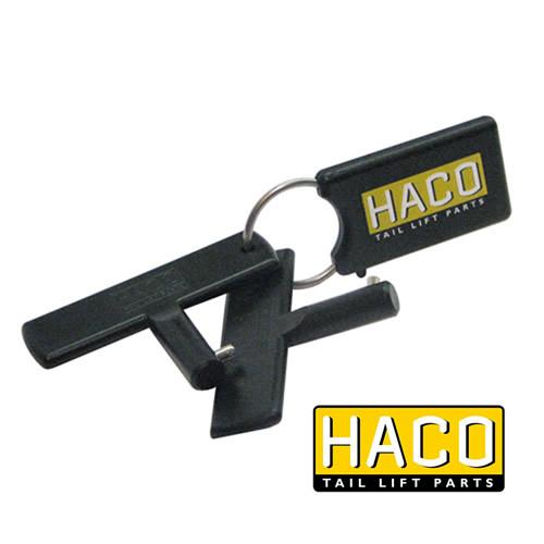 Black key chain labeled Set keys battery switch O.M. HACO for Dhollandia Tail Lifts, compatible with part E0076, available at Nationwide Trailer Parts Ltd.