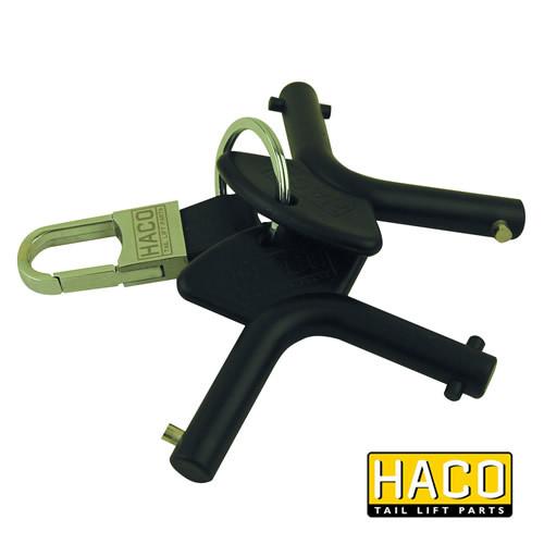 Set of Isolator Keys HACO, compatible with Dhollandia parts E0076 & E2047, featuring a key holder and chain for tail lift systems.