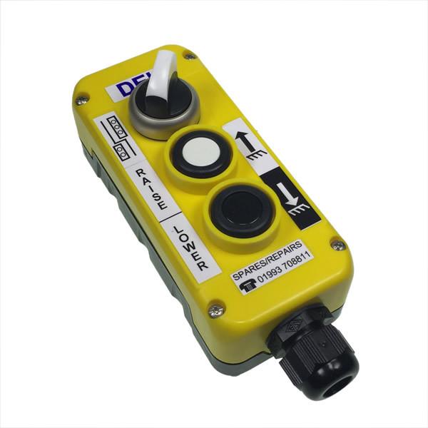 Mafelec 3 Button Control Station with Changeover Switch, ideal for Del Tail Lifts, featuring a yellow control panel with visible buttons and black connector.