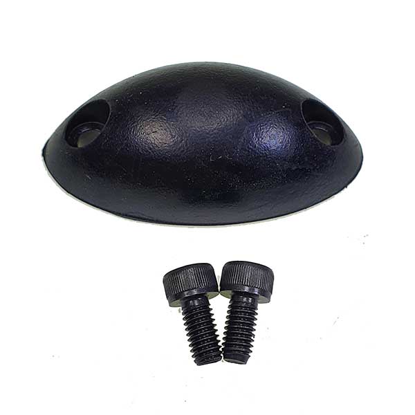 Rubber Bump Stop, Oval 70x38x20 with screws, designed for commercial trailer parts, featured in a close-up showing its fixings.