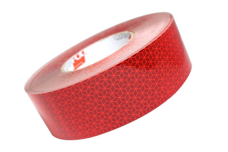 Red Conspicuity Tape (Rigid Grade) - 50 Metre Roll, shown close-up. Ideal for trucks and trailers, offering exceptional visibility and compliance with ECE104 standards.