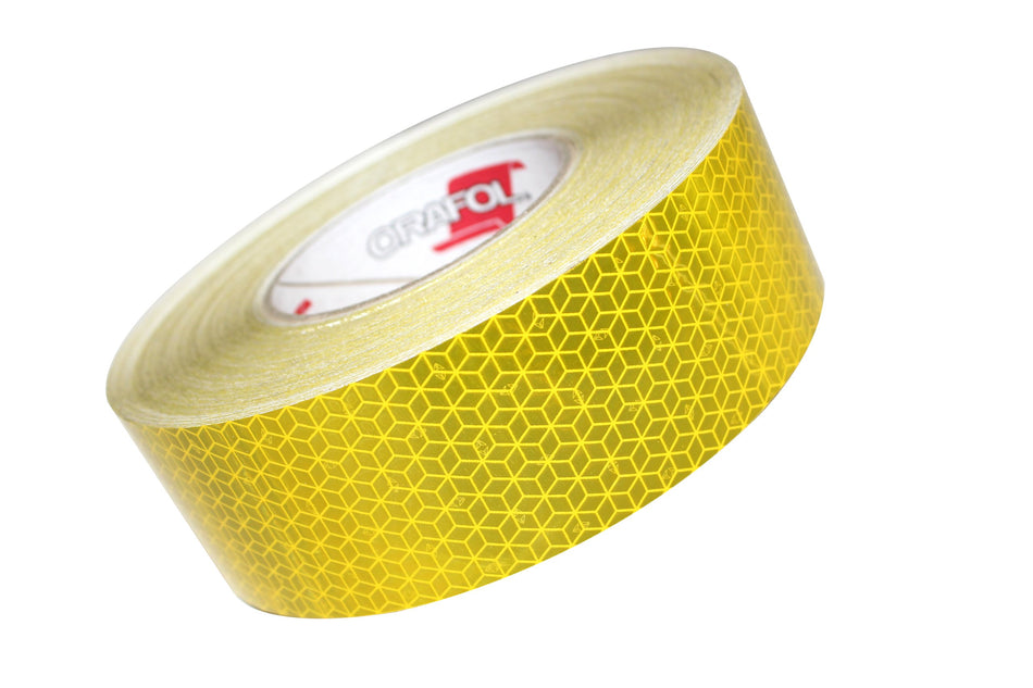 Yellow Conspicuity Tape (Rigid Vehicle Grade) - 50 Metre Roll, ideal for enhancing truck visibility, compliant with ECE 104 regulations, emphasizing durability and ease of application.