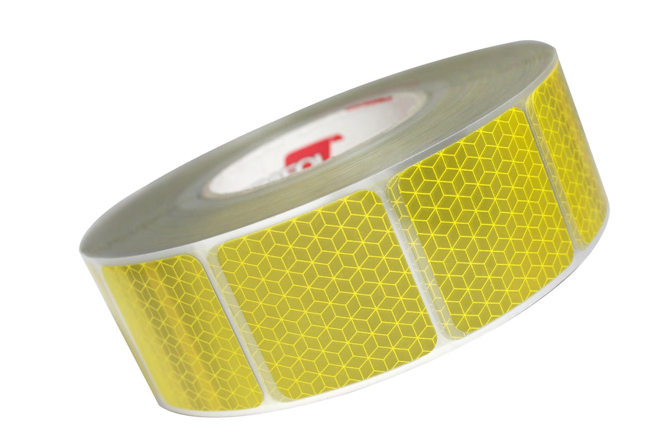 YELLOW Segmented Conspicuity Tape roll, 50 metres by 50mm, designed for curtain side vehicles, compliant with ECE104, offering high visibility and easy application.