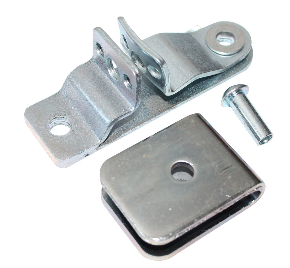 Handle Retainer Mechanism with metal bracket, screws, and bolt for commercial vehicle and HGV trailers, showcasing precision engineering for secure installation.