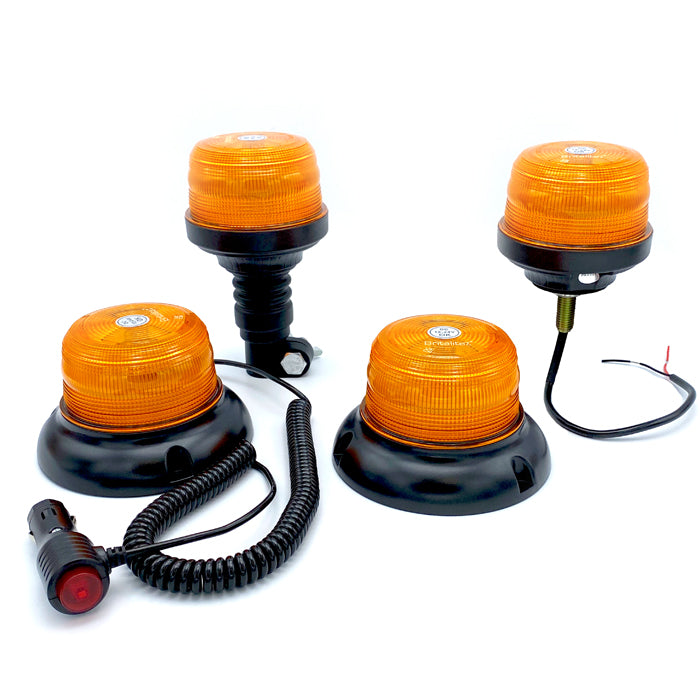 Beacons 12/24v with amber lens and black base, designed for commercial vehicles, showcasing group of orange lights suitable for various fitment types.