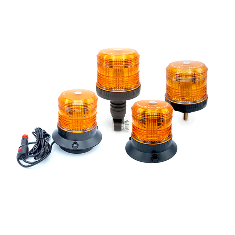 Beacons 12-80v LED lights, showcasing multiple orange lights close-up, with durable polycarbonate lens and various fitment options for commercial vehicle use.