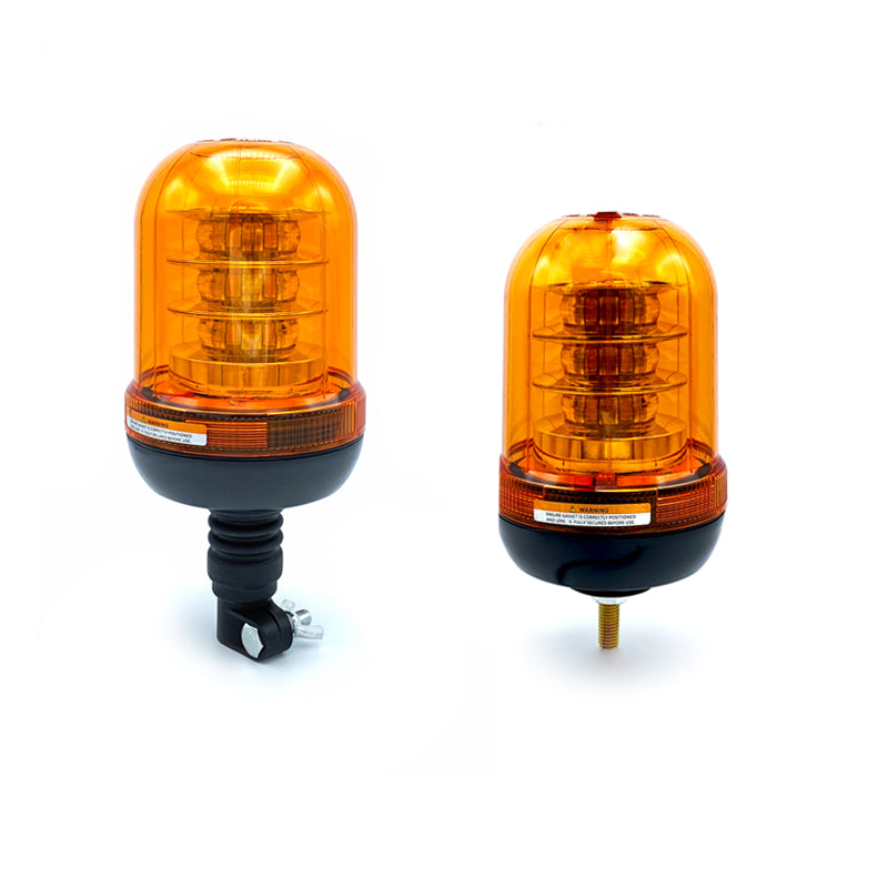 Beacon with dual orange LED lights, featuring robust polycarbonate lens and three flash patterns, designed for commercial vehicle safety and durability.