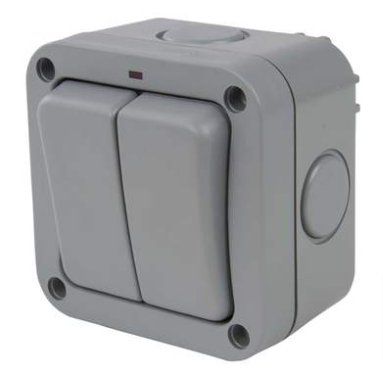 2 Gang Weatherproof (IP66) Light Switch with two buttons, designed for durable outdoor use. Ideal for commercial trailers and vehicles.