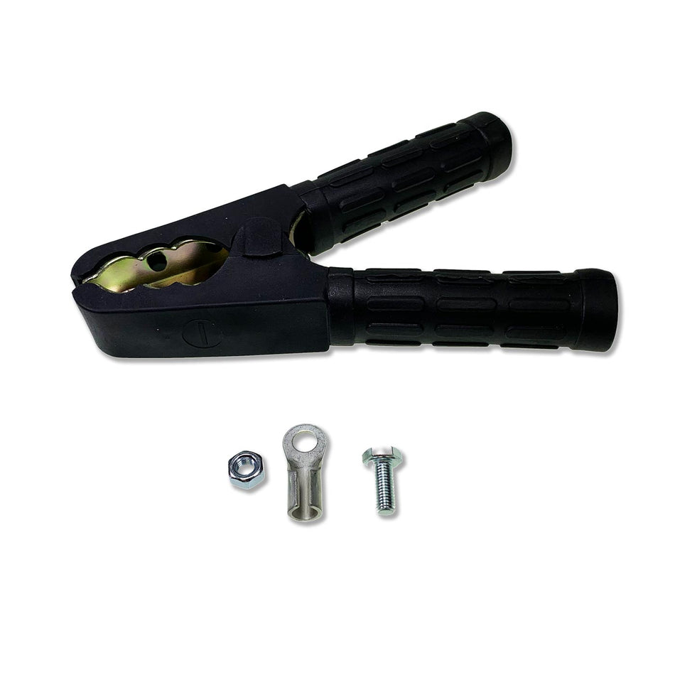 Black 100 amp Heavy Duty Crocodile Clip with plated steel, 183mm length, 40mm jaw opening, includes terminal, nut, bolt, and black plastic covers.