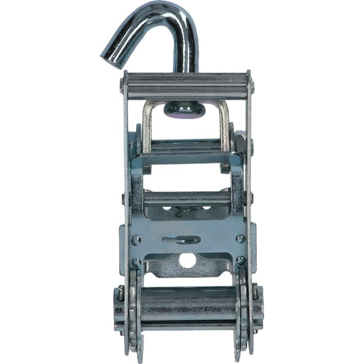 5,000kg Narrow Handled Ratchet with Swivel Hook, featuring a metal lock and hook, ideal for car transport, designed for 50mm webbing straps and high tension applications.