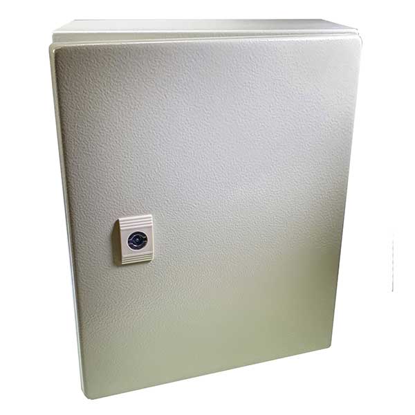 Control Box Outer Locker with keyhole, twist lock handle, and four rear mounting holes, ideal for mounting control boxes. IP66 rated, 250x300x150mm.