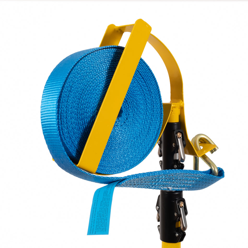 Mounty Throw Heavy Duty tool for strapping loads, shown with a blue strap on a yellow and black stand, designed for secure load restraint.