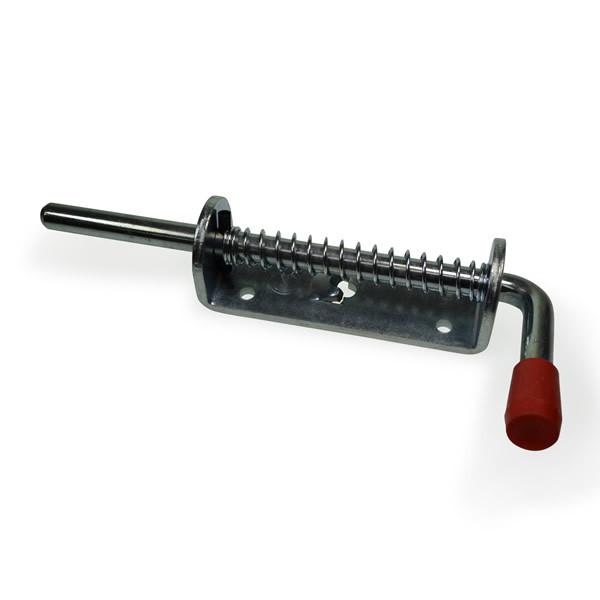 Spring Loaded Bolt (16mm diameter) with a red handle, designed for commercial vehicles and HGV trailers, featuring a metal spring and screw for secure installation.