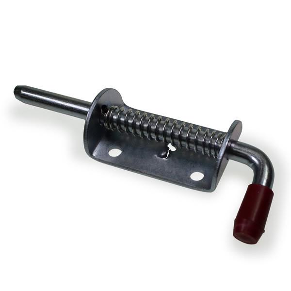 Spring Loaded Bolt (10mm diameter) with a metal spring and red handle, designed for commercial vehicles and HGV trailers, featuring screws and bracket with fixing holes.