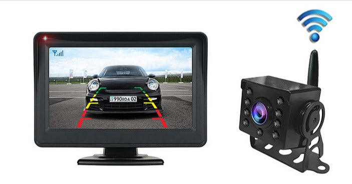 Digi-View™ Mini 12V/24V wireless camera system, featuring a black camera with a round lens and a 4.3 LCD monitor for vehicle reversing.