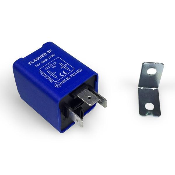 Flash relay 24V, a blue electrical device for Dhollandia tail lifts, featuring a metal corner and a black rectangular USB flash drive component.