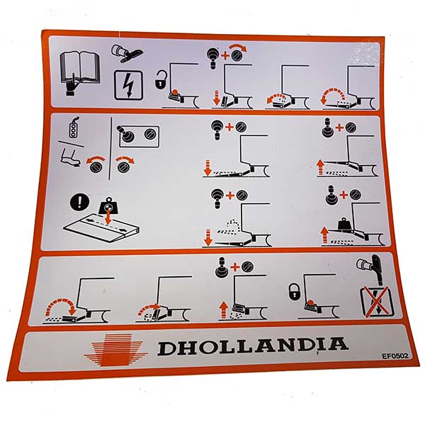 Safety Instruction RM sticker for Dhollandia tail lifts, featuring essential safety symbols and text for commercial vehicle usage.