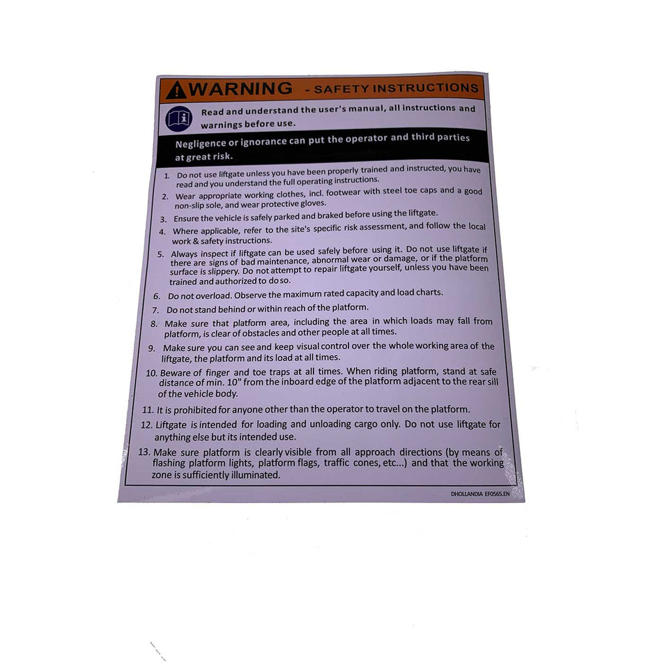 Safety Instruction Label for Dhollandia Tail Lifts, featuring clear warning text, designed for large commercial trailers and vehicles.