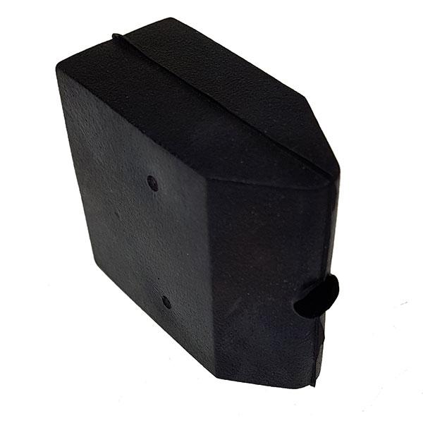 Track Stop Buffer: A black rectangular end stop buffer with a strap for shutter door tracks, ideal for commercial trailer parts.