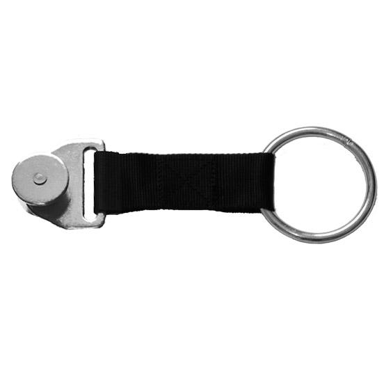 Extension Strap with Roller and Ring, featuring a metal keychain, black elastic band, and circular metal ring, designed for secure load restraint on trailers.