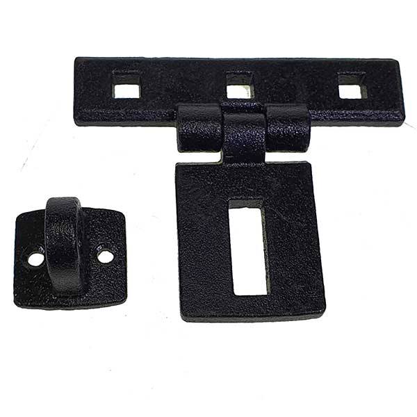 Black metal hasp and staple for Dover Vanguard shutter doors, featuring 104 x 120 x 48mm dimensions with 8.5mm square fixing holes.