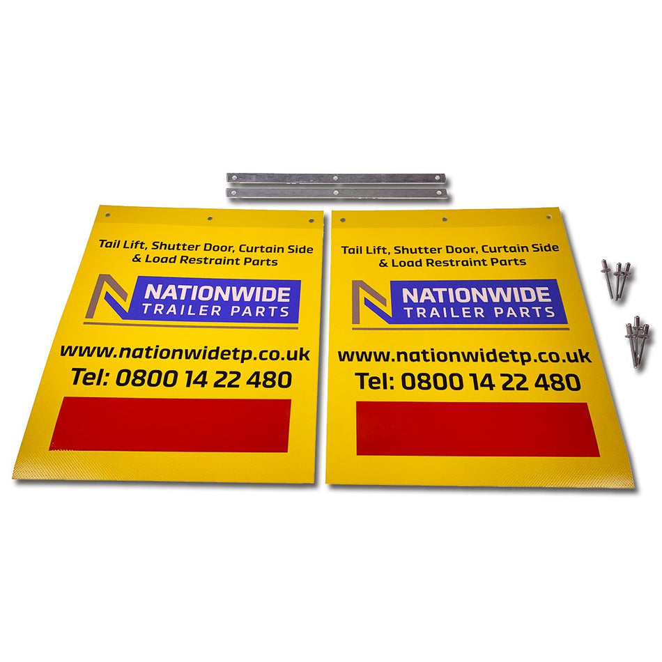 Flag Kit (Pair) - Nationwide Branded, featuring two yellow signs with red and blue text, fixing bars, and rivets for tail lifts.